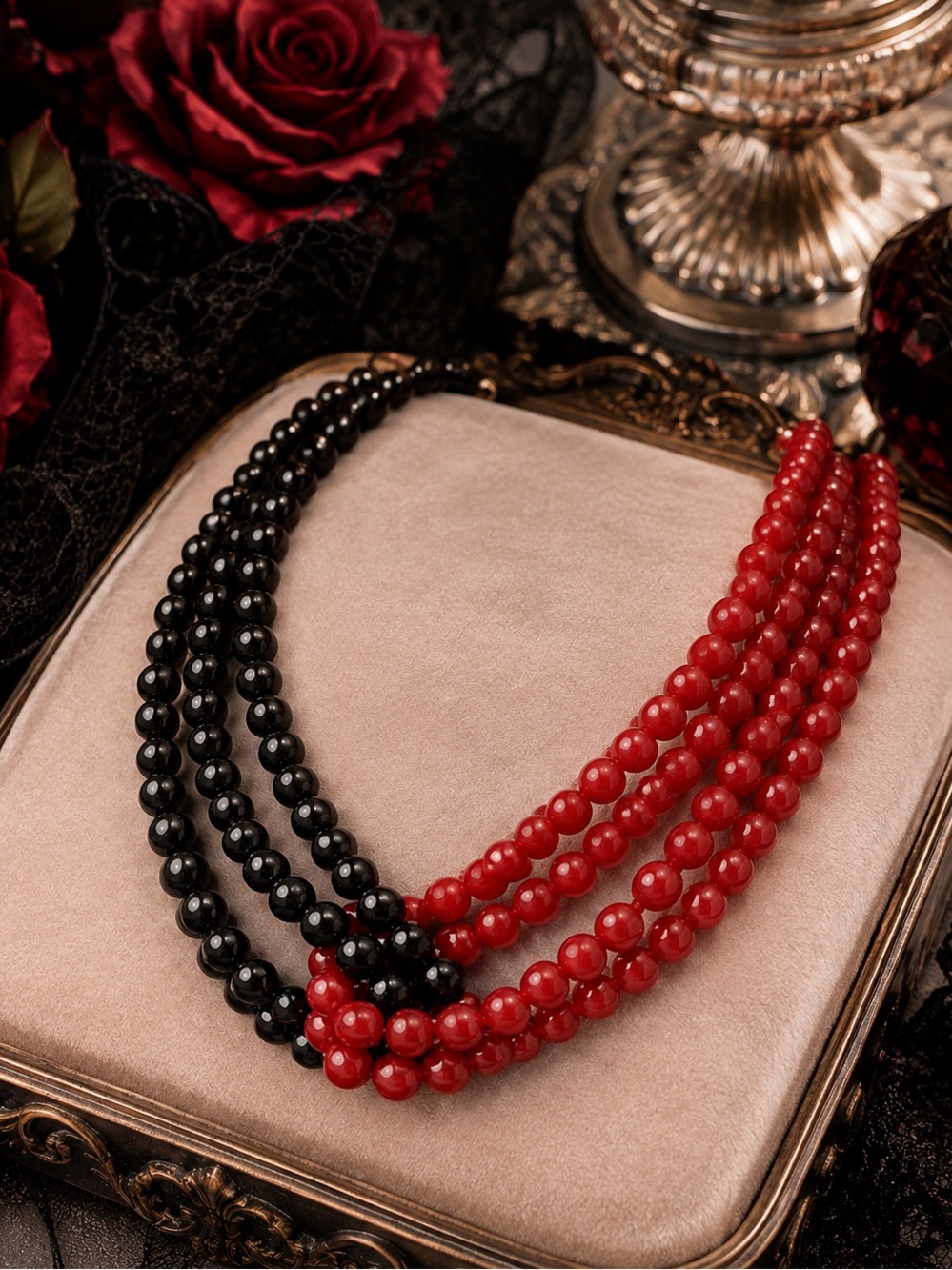 Elegant Triple-Strand Red and Black Beaded Necklace - Women Jewelry New